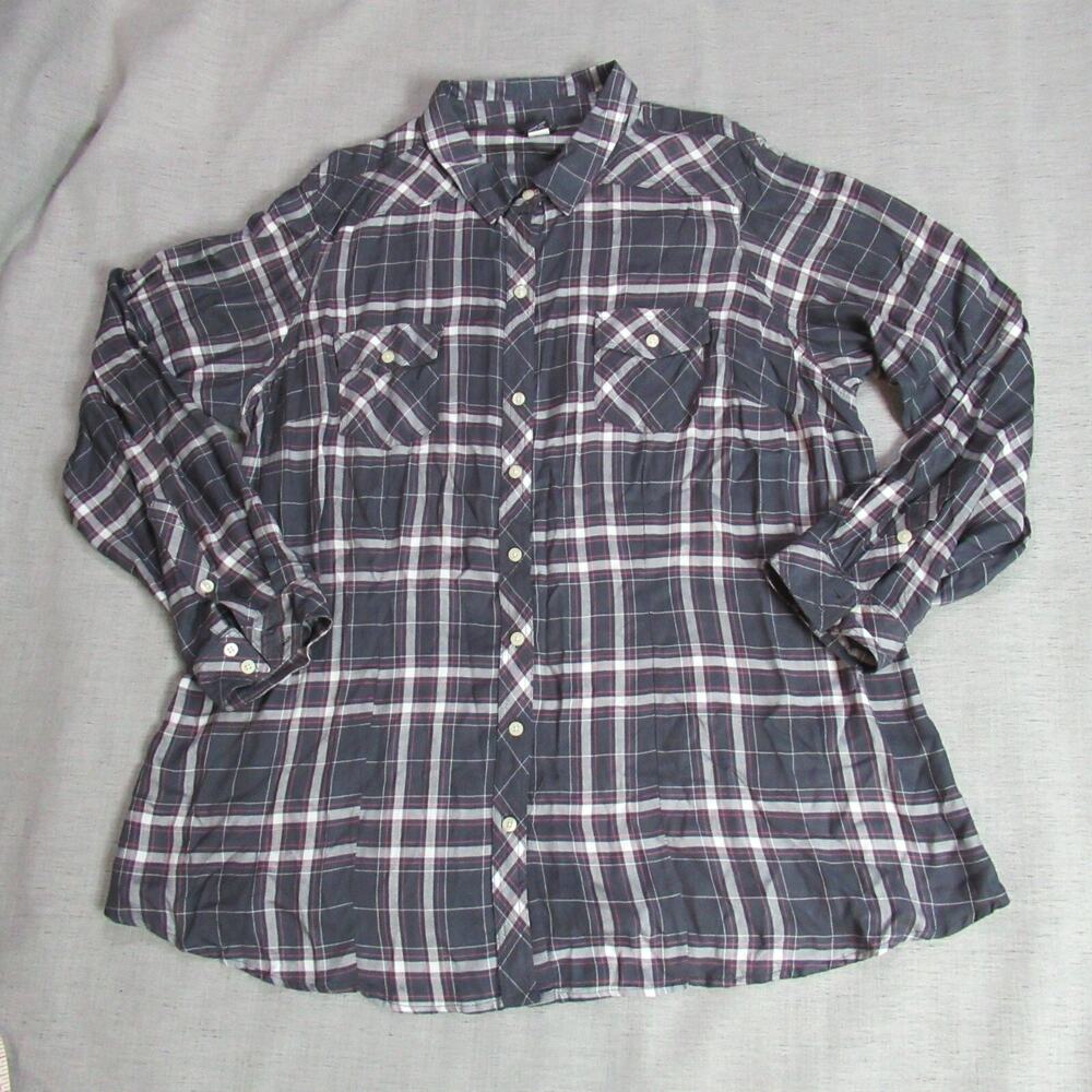 Torrid Top Womens Size 3 Gray Plaid Button Long Sleeve Cabincore Shirt Country
